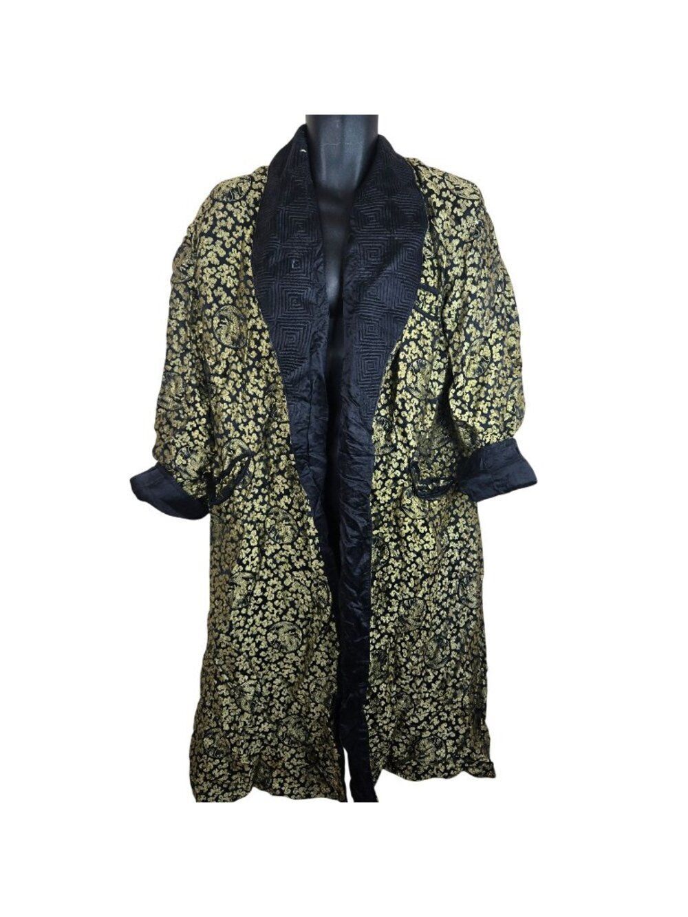 Vintage Black Gold Silk Dragon Kimono Smoking Jacket Brocade Mens One Size OS